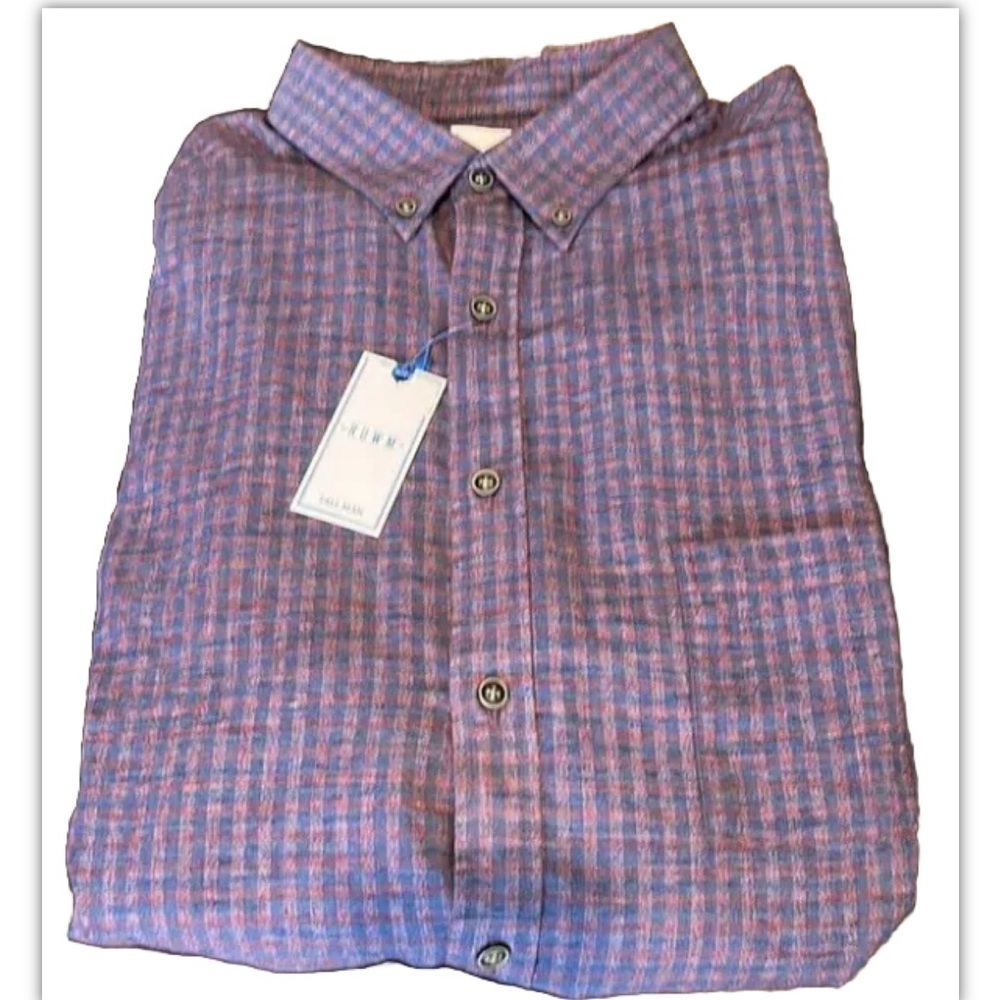 NWT ROWM Men’s Blue/L. Red Check Button Down w/Front Pocket
